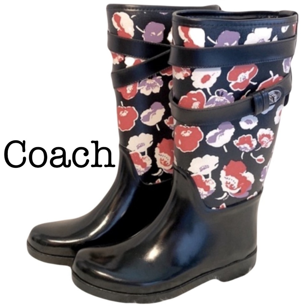 New Coach Trisha Black Floral Rubber Tall Wet Rain Boots Size 5